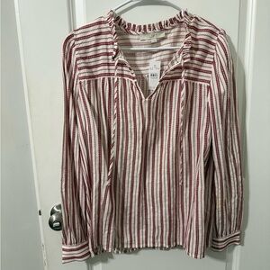 Loft Striped Red and White Women's tie front‎ long sleeve blouse NEW